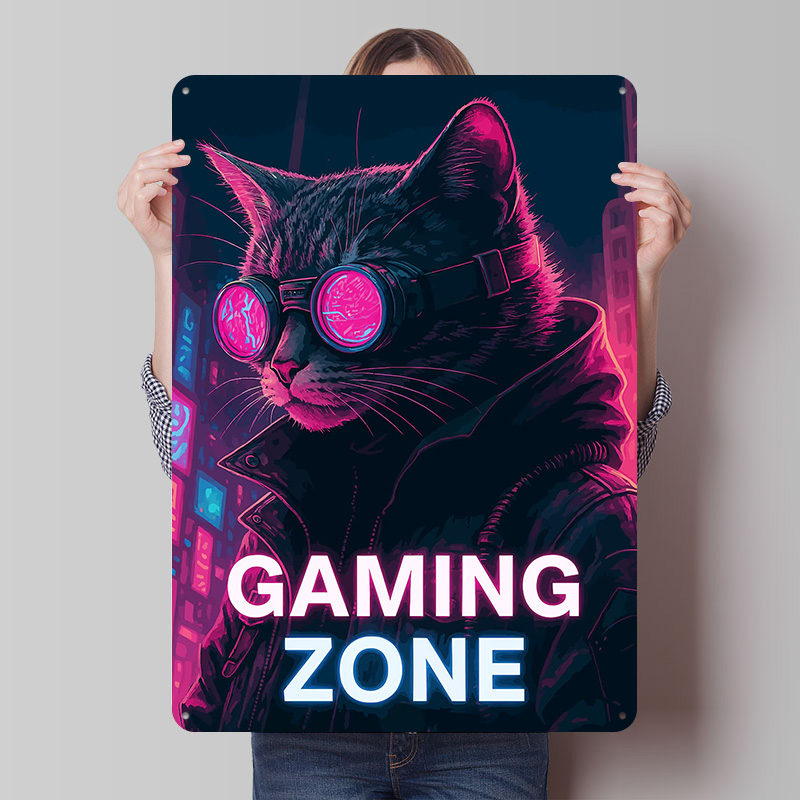 Retro Gaming Zone - Cyberpunk Cat Gaming Zone Tin Plaque
